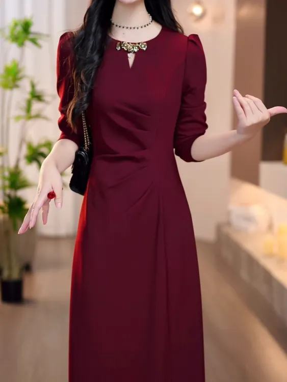 长袖高档流行爆款连衣裙女2025年春秋新款喜婆婆妈妈婚宴礼服裙子