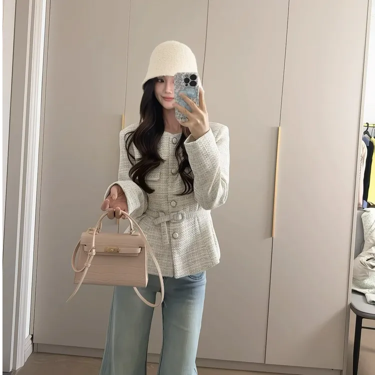 秋季女长袖常规夏季可调节腰带秋季短外套女装宽松上衣外套