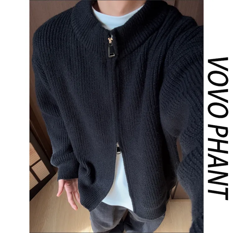 VOVO美式复古双拉链开衫立领毛衣男秋季宽松休闲cleanfit针织衫