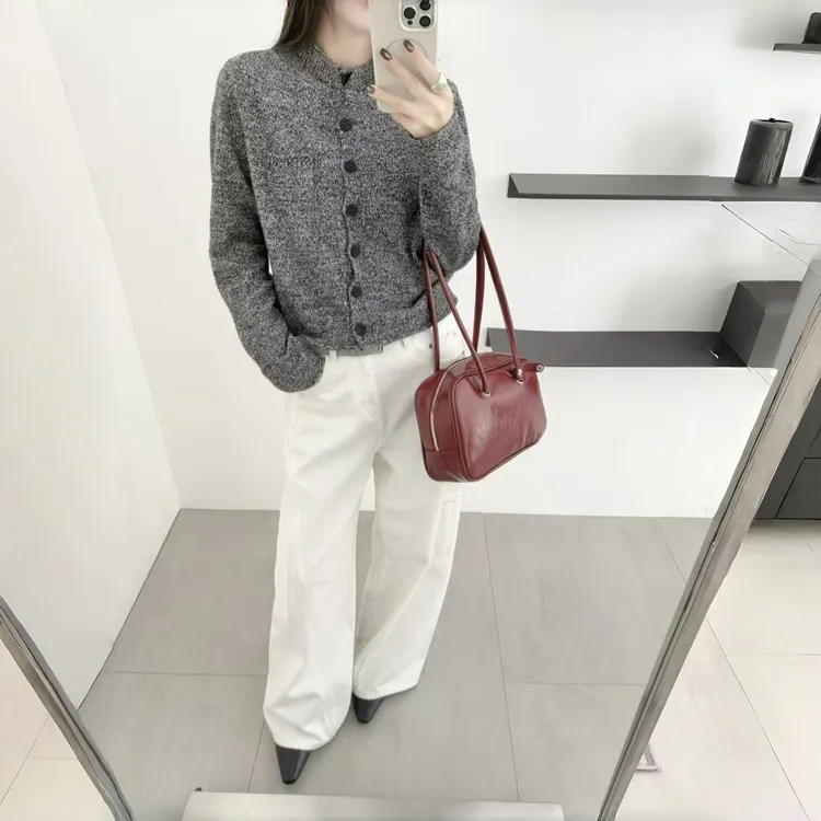 保暖轻奢全羊毛针织开衫短款毛针织衫网红上衣单口袋打底衫秋冬女