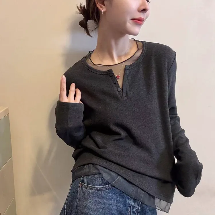 木耳边领长袖衣服打底衫女2025秋冬新款设计感拼接磨毛内搭衫上衣