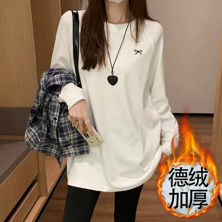 现货【大白T】白色中长款打底衫女秋冬内搭遮臀叠穿显瘦保暖上衣