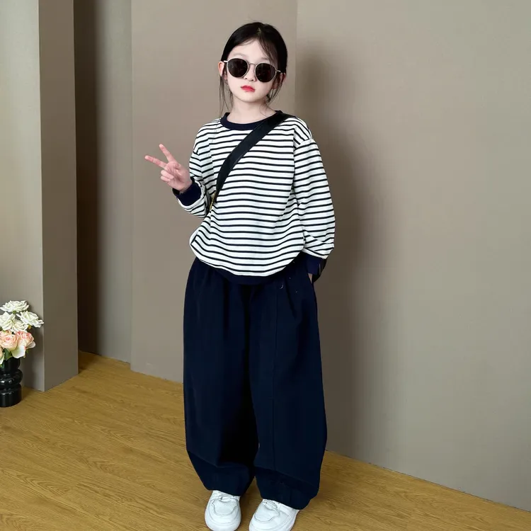 女童2025新款韩系时尚休闲条纹卫衣宽松阔腿棉布休闲裤两件套甜酷