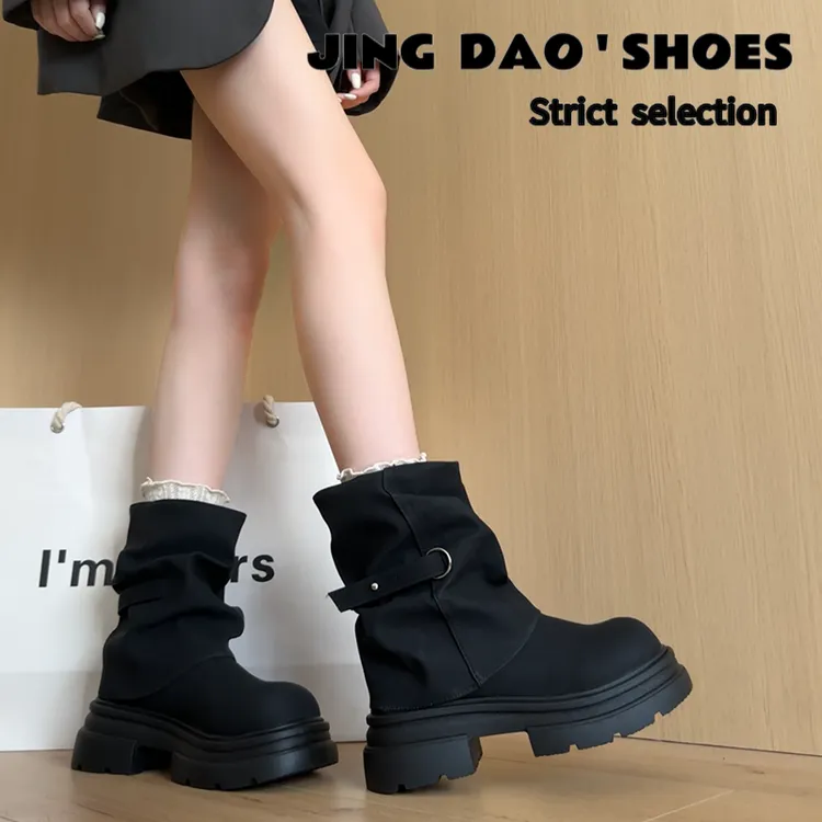 厚底马丁靴女款205春秋新款小个子复古西部堆堆靴显瘦英伦风短靴