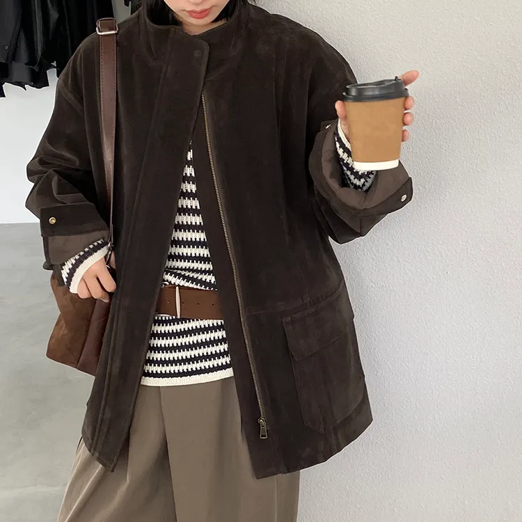 韩系复古麂皮绒工装老钱风休闲风衣外套女秋设计感上衣 