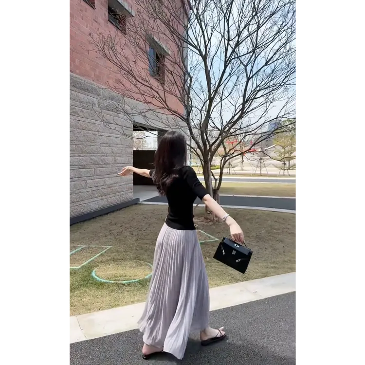 【紫藤花园】春夏新款法式复百搭半高领长袖上衣搭高腰百褶半身裙