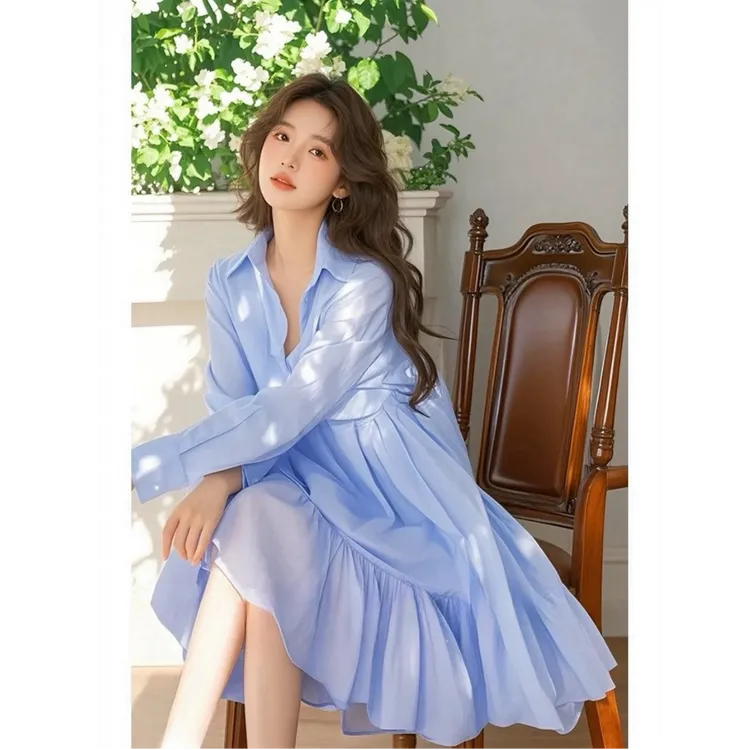 蓝色衬衫连衣裙女漂亮绝美小个子大方得体穿搭冷淡系独特别致裙子