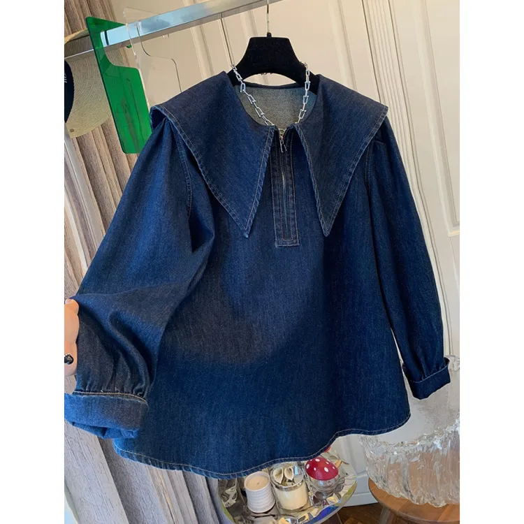 2025春季新款独特超好看减龄大翻领娃娃领长袖牛仔衬衫宽松上衣女