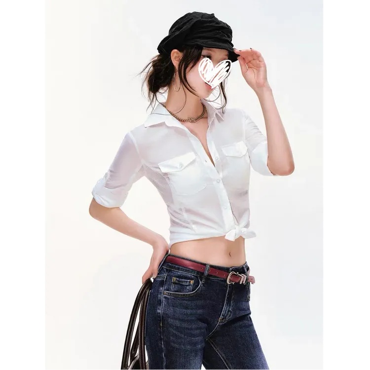 夏季美式辣妹微透收腰上衣衬衫高知感显瘦百搭通勤衬衣