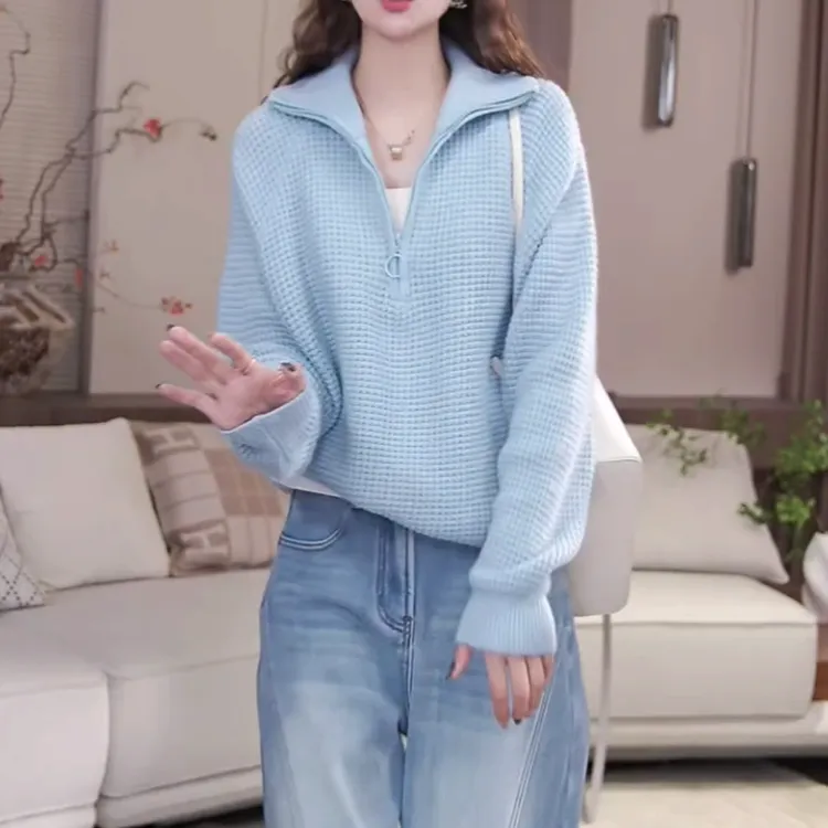 【华夫格】秋季新款半高领针织半拉链慵懒风显瘦针织衫 W1005