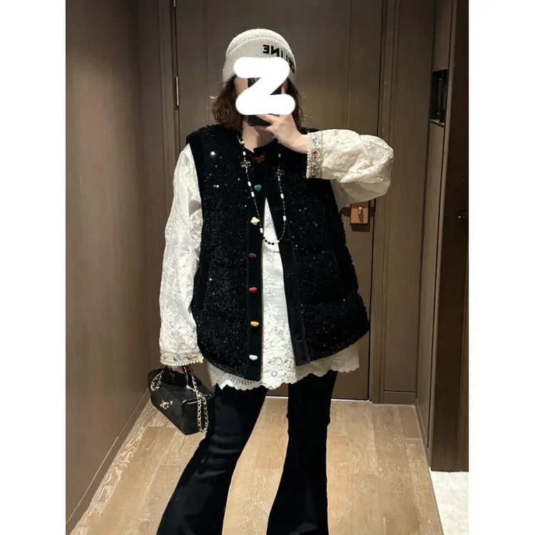 亮片彩扣羽绒马夹2025秋季大码胖MM时尚百搭无袖保暖独特黑色外套