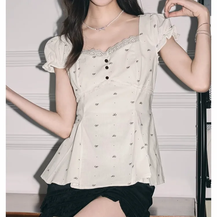 高端货~夏季蝴蝶结印花泡泡袖方领蕾丝短袖衬衫女收腰小衫上衣潮