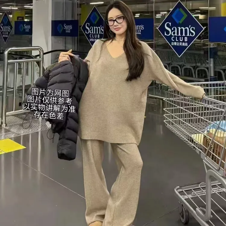 2025冬季新款大码女装韩系慵懒松弛感V领加绒上衣＋阔腿裤