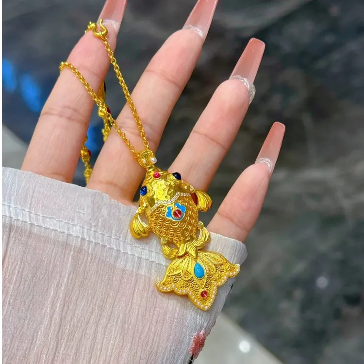 铜合金项链 新中式花丝逐浪锦鲤吊坠项链镂空精美吊坠