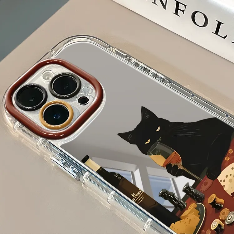 喝酒黑猫适用于苹果16promax镜面奶油壳iPhone15手机壳网17promax