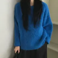 T2733 毛茸茸质感～软糯冬季宽松蓝色套头毛衣女