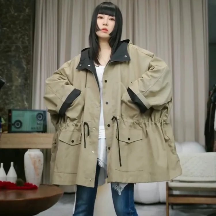 infobyfive2025秋冬新款宽松开衫连帽风衣外套收腰壹NF0509508