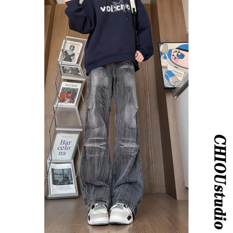 美式高街闪电裂纹水洗牛仔裤男2025秋冬直筒宽松阔腿潮牌痞帅裤子