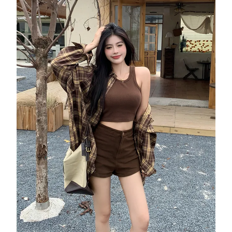 2025新款格子polo领衬衫外套女春美式复古宽松长袖中长款衬衣上衣