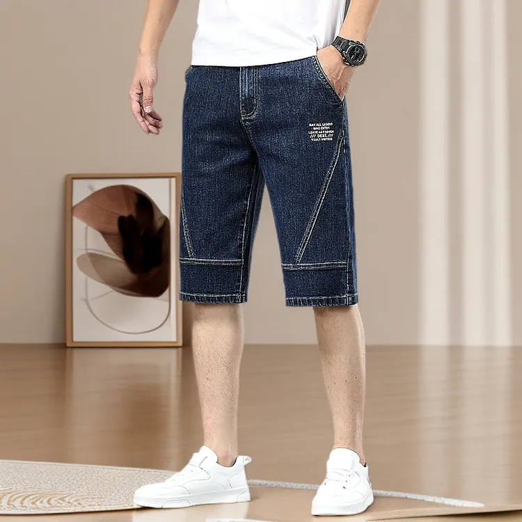 夏日新品拼接牛仔短裤男夏季薄款印花男士休闲中裤时尚风情七分裤