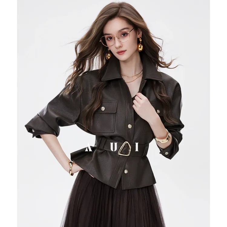 aui酷飒风皮衣外套女2025高级感夹克开衫半身裙两件套装25W100320