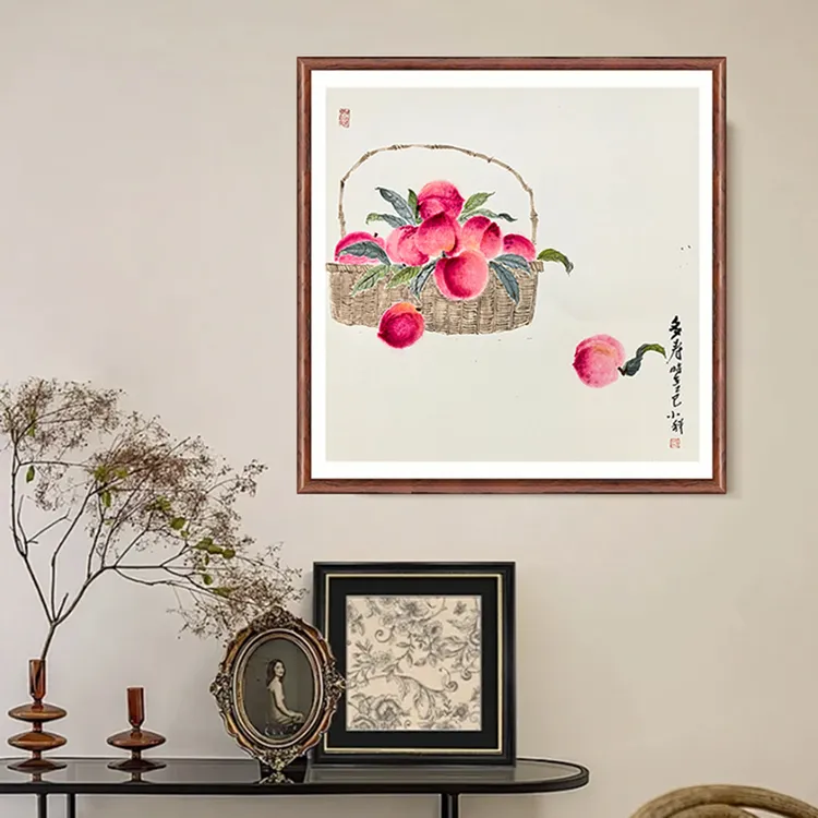 国画斗方形硕果累累装饰画桃子荔枝柿子餐厅客厅背景墙挂画送礼物