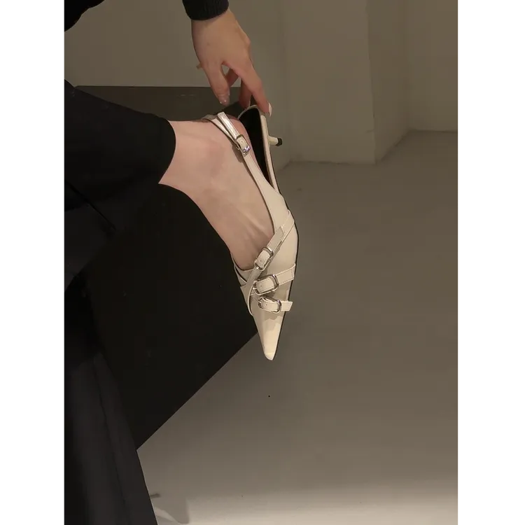 设计感气质尖头单鞋2025春季新品包头凉鞋女高跟后绊带细跟凉鞋