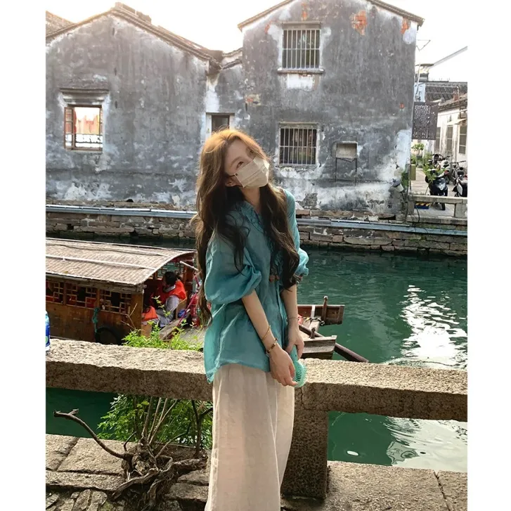 MARIE.COCO韩气长袖衬衫上衣高腰白色阔腿长裤夏日防晒穿搭套装
