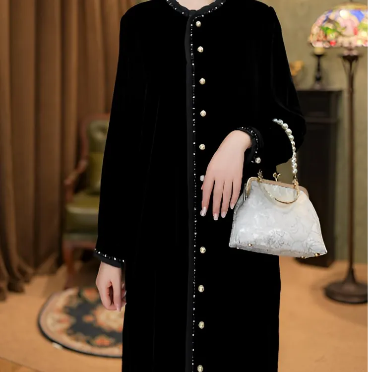 流云新款气质新中式休闲丝绒女装连衣裙2025C8090-古月玫瑰仓