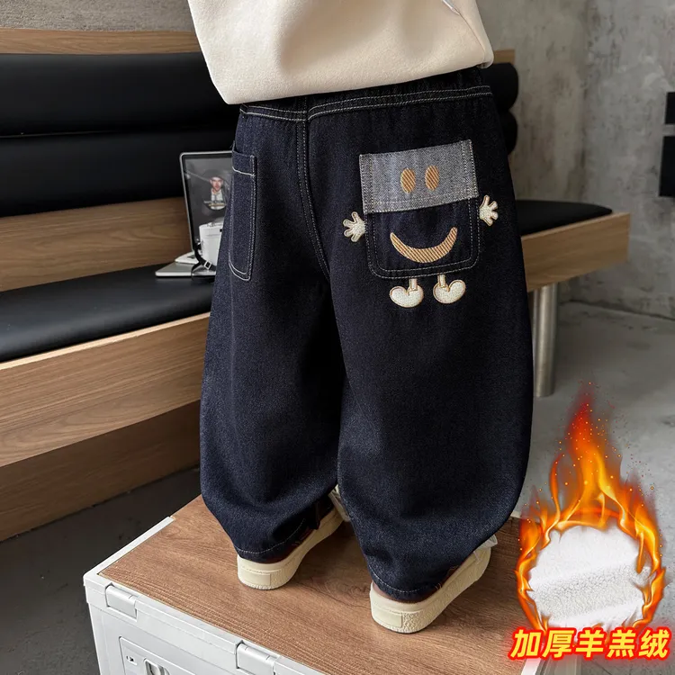 男童羊羔绒裤子秋冬2025新款儿童加绒加厚牛仔裤冬装男孩休闲长裤