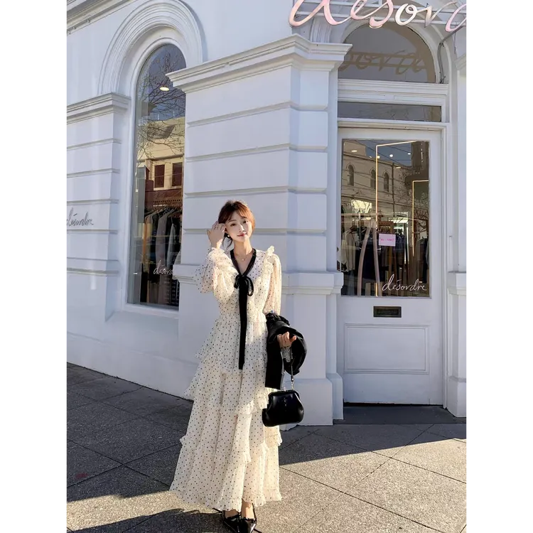波尔卡序曲 法式收腰波点蛋糕长款连衣裙秋季气质女神范超仙长裙