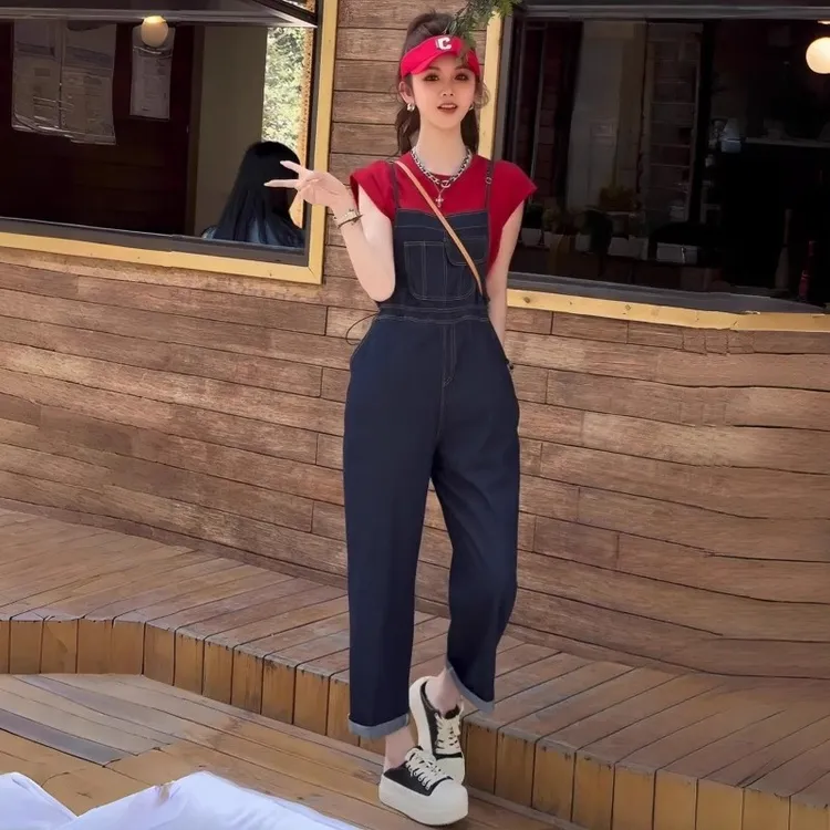 时尚牛仔套装女2025夏季新款小个子减龄穿搭短袖T恤背带裤两件套