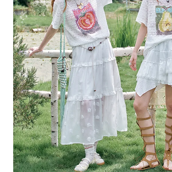 【冰冰】妖精的口袋白色蕾丝休闲宽松印花白长裙25217089