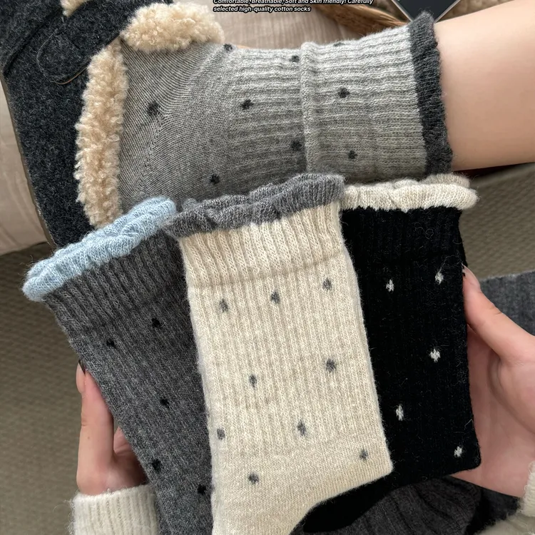 文伊娜波点袜子女秋冬季灰色系中筒袜加厚保暖袜复古花边长筒袜女