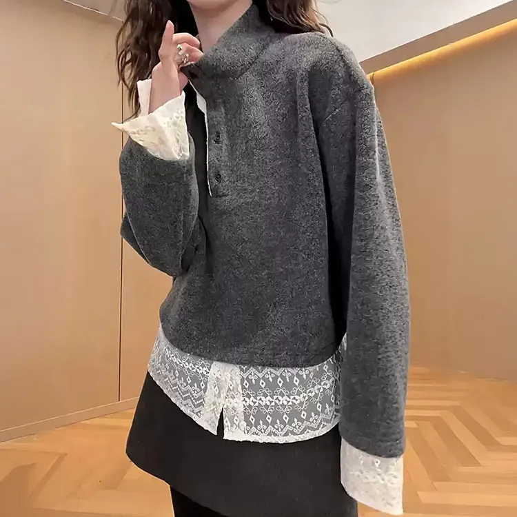 大码半排扣蕾丝拼接半高领灰色卫衣女冬季胖mm巨显瘦遮肉内搭上衣