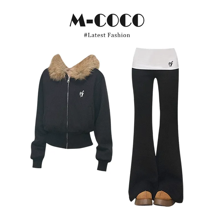 【同款性价比】连帽大毛领拉链加绒卫衣外套女翻边微喇休闲裤套装冬