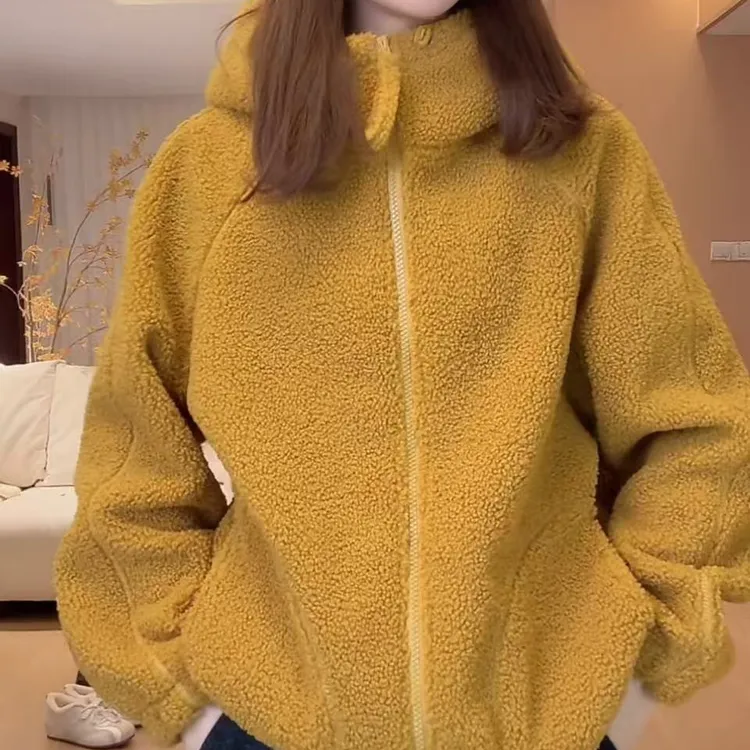 连帽女立领保暖加绒加厚款短外套上衣冬季宽松开衫颗粒绒