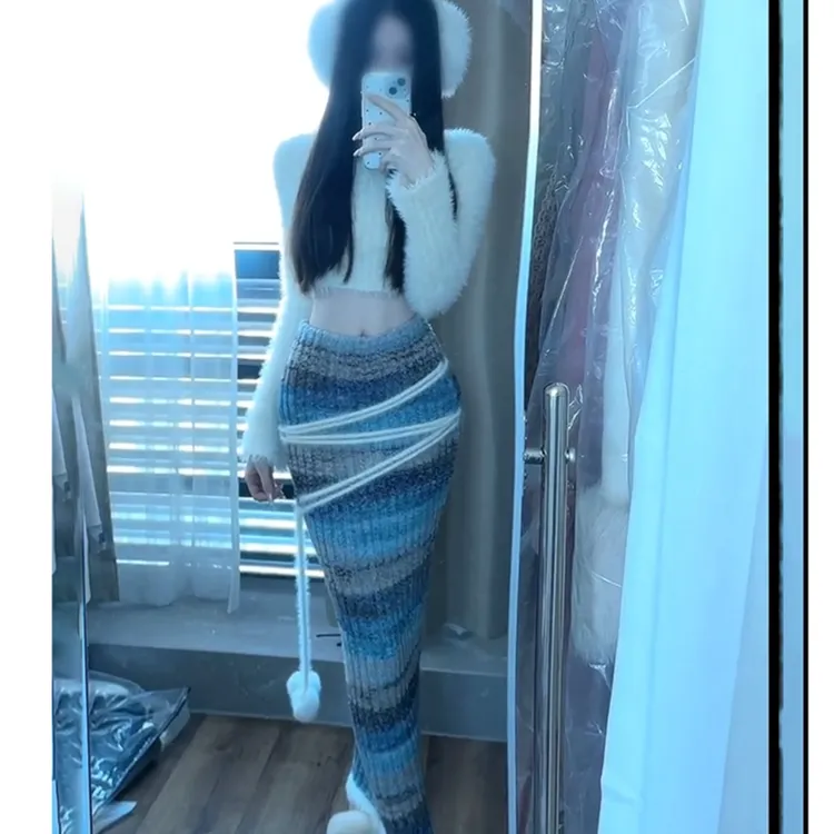 美式纯欲甜辣风一套装女秋季新款长袖仿貂绒针织上衣针织半身裙女