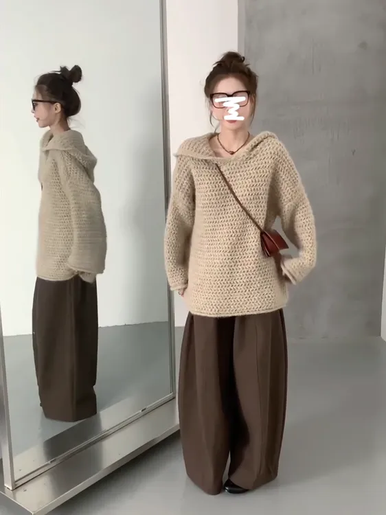 慵懒风套装镂空连帽针织衫毛衣女装秋季2025新款阔腿休闲裤两件套