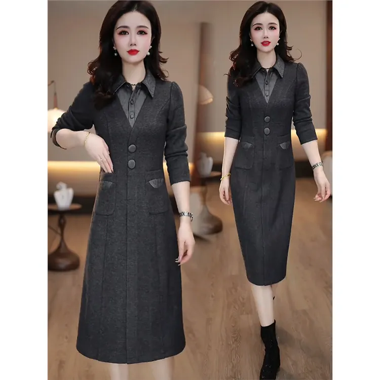 打底两件中长款时尚连衣裙2024女新款显瘦洋气百搭裙子秋冬修身假