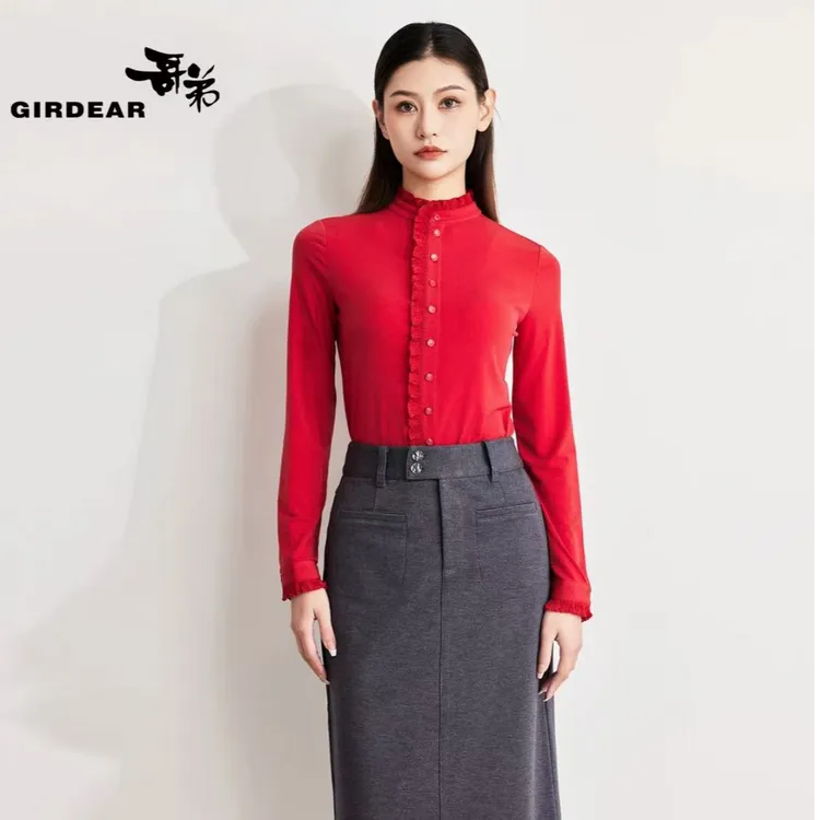 GIRDEAR/哥弟法式气质修身木耳边红色打底秋冬长袖衬衫女1300936