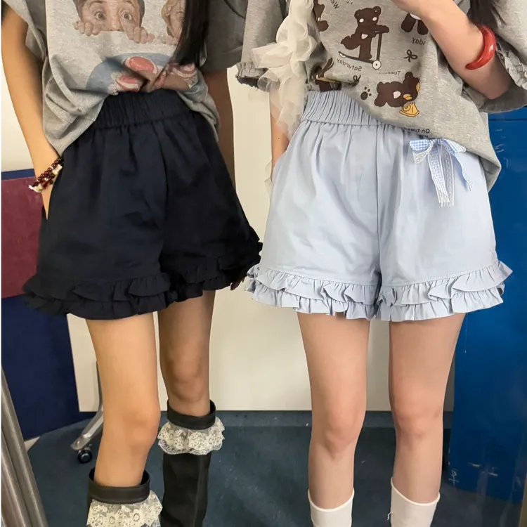 大码木耳边休闲短裤女2025夏季新款松紧腰学院风韩系小个子阔腿裤