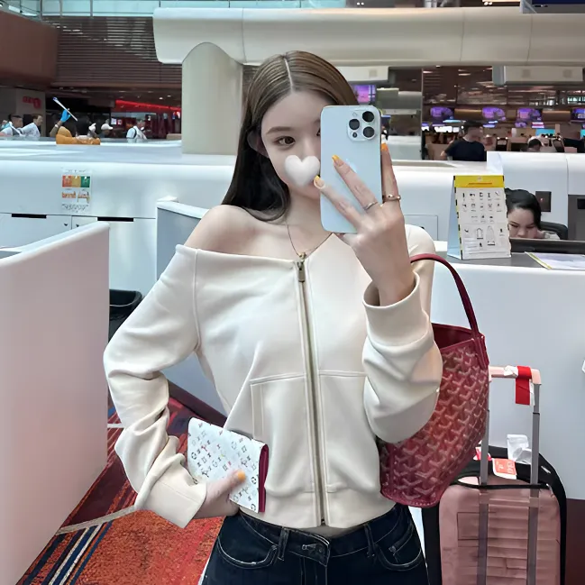  把妹王 白色连帽卫衣拉链外套女设计感斜肩短款修身显瘦开衫上衣