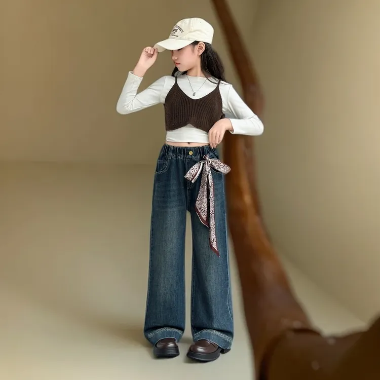 女童牛仔裤春秋2025新款中大童洋气脚口绣花窄版阔腿裤女孩直筒裤