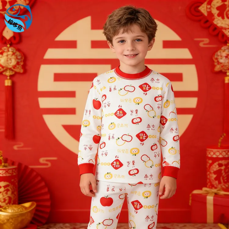 冬季儿童打底秋衣秋裤中国风保暖印花卡通秋衣裤打底纯棉A类长袖
