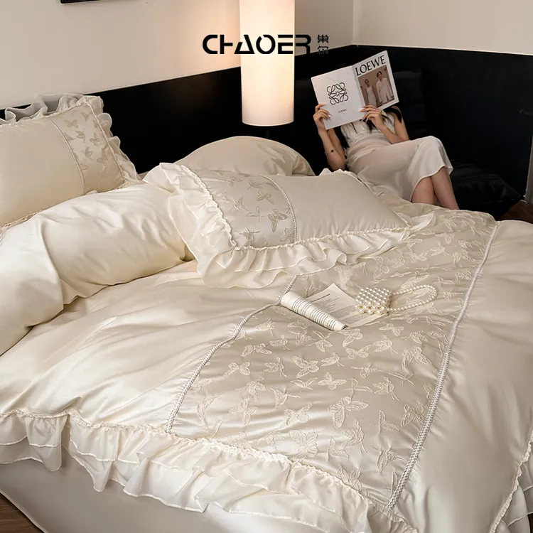 巢尔【月光圆舞曲】法式公主风全棉长绒棉四件套蝴蝶蕾丝花边床单