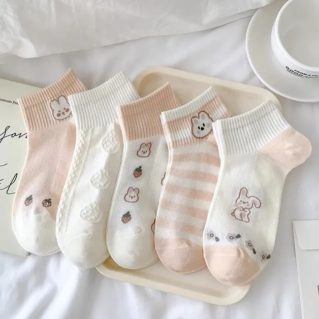 夏季女士短袜棉袜网眼粉色卡通浅口船袜透气吸汗学生韩版百搭袜子