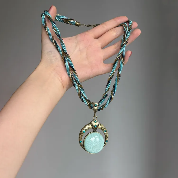 铜树脂项链 波西米亚中古蓝色麻花米珠项链女小众民族风毛衣链潮