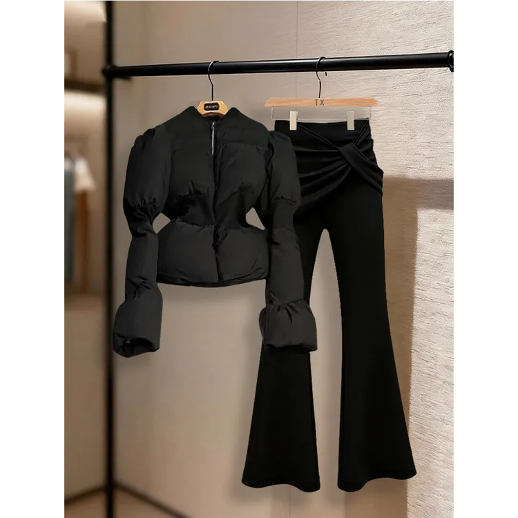 2025冬季新款韩里韩气时尚气质两件套装保暖棉服小众微喇裤一整套