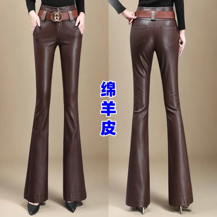 海宁真皮喇叭裤秋冬防风长裤休闲裤弹力微喇叭百搭加高腰显瘦黑色
